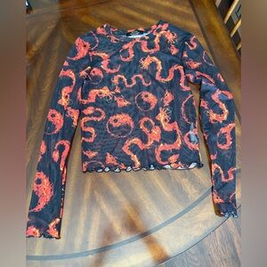 Bershka Black sheer Long Sleeve Top with Red Dragon Motif